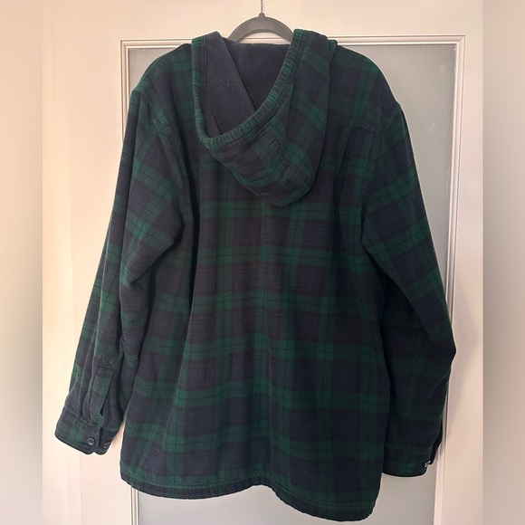 L.L. Bean Navy and Green Plaid Fleece-Lined Hooded Shirt Jacket - Picture 2 of 5